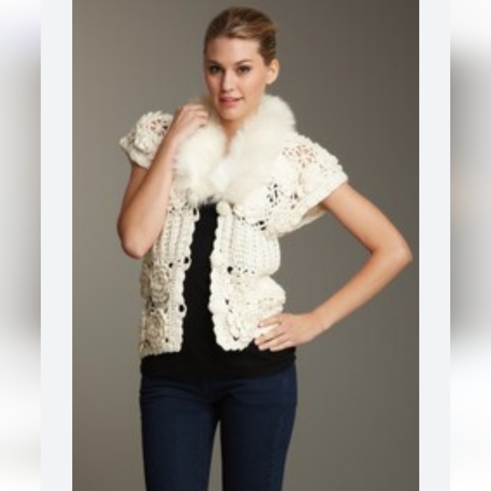 Love Token Crochet Fox Fur Collar Cardigan,Sweater,Jacket Size Large Ivory